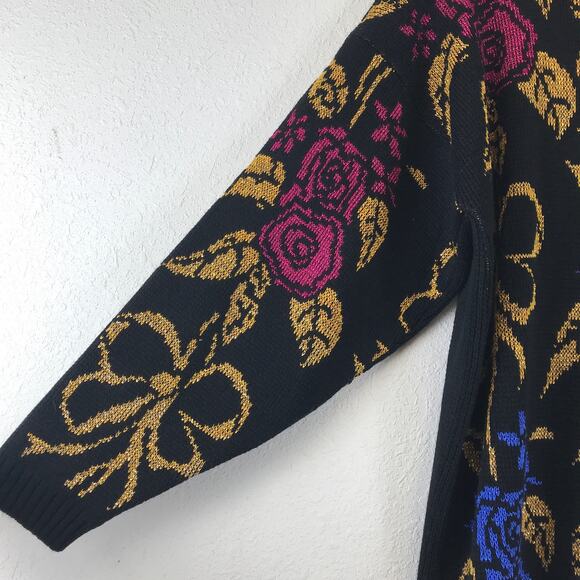 Vintage Metallic Knit Floral Rose Pullover Chunky Knit Holiday Sweater USA Made - Picture 5 of 8